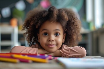 Portrait of a cute African American girl sitting at a table with pencils and paper in kindergarten,...