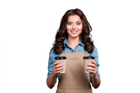 Nice stylish adorable positive cheerful sweet lovely attractive brunette girl with wavy hair in casual denim shirt, holding, offering two paper cups, pause, rest, relax, isolated over grey background