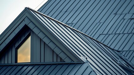Fototapeta na wymiar Metal roof on a house or home building architecture, steel rooftop tile exterior view