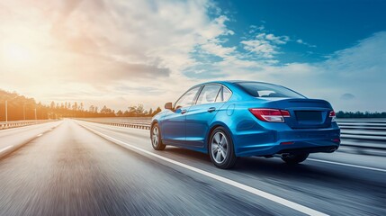 Blue business car on the highway road, vehicle transport at high speed blurred in motion. Modern automobile freeway drive outdoors - obrazy, fototapety, plakaty