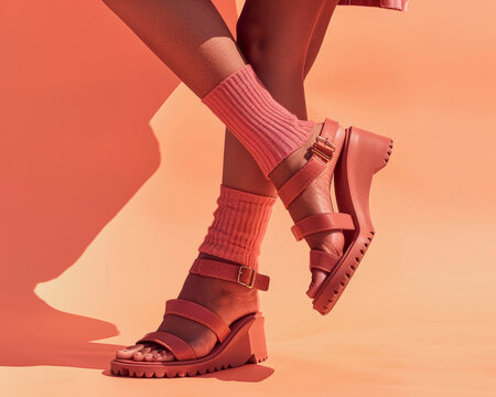 Dusty Rose Sandals with Socks, Bold Shadow on Coral, Urban Edge