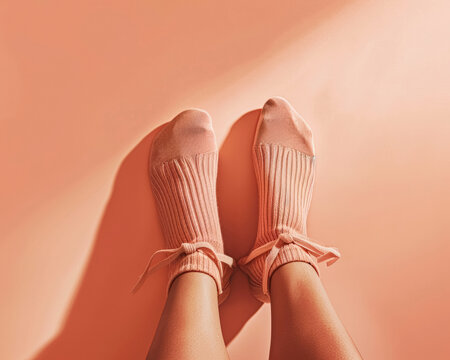 Blush Socks with Delicate Ties, Soft Illumination on Peach Background, Cozy Comfort