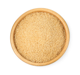 Brown sugar in bowl isolated on white, top view