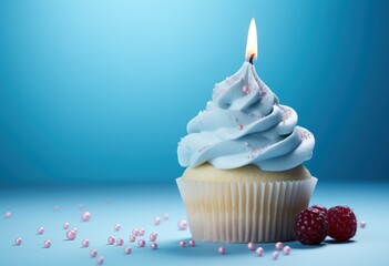 Festive Cupcake with Lit Candle and Sprinkles