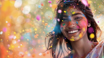 A joyful young Indian woman, covered in colorful Holi powder.