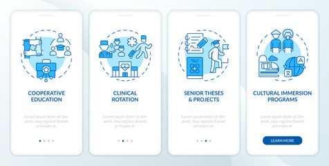 Fototapeta na wymiar Education types blue onboarding mobile app screen. Activities walkthrough 4 steps editable graphic instructions with linear concepts. UI, UX, GUI template. Myriad Pro-Bold, Regular fonts used