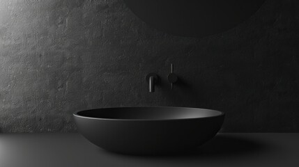 A sleek black basin set against a black plaster wall in a minimalistic bathroom