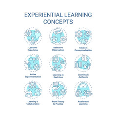 Experiential learning soft blue concept icons. Reflective practice. Accelerated learning. Team building. Icon pack. Vector images. Round shape illustrations for promotional material. Abstract idea