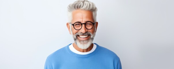 Happy mature old bearded man with dental smile, cool mid aged gray haired older senior hipster wearing blue sweatshirt standing isolated on white background looking at camera