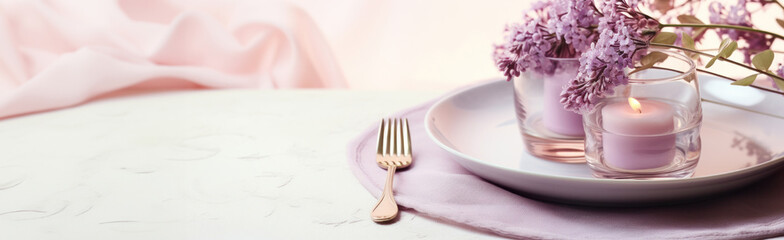 Elegant Table Setting with Lilac Blossoms and Candle