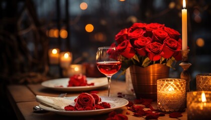 a romantic dinner set for two with red roses
