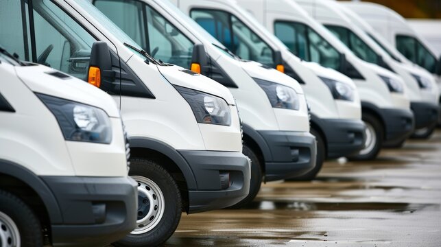 Row of brand new white vans in parking bay against blurred warehouse background with copy space