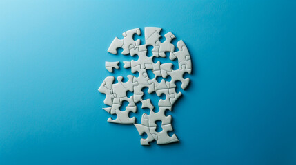 jigsaw puzzle head with missing pieces isolated on blue background, Alzheimer day, Mental health awareness, hyperactivity disorder