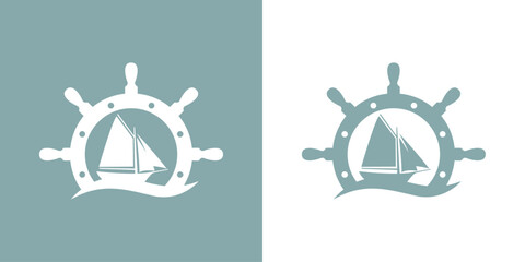 Logo Nautical. Silueta timón con barco de vela con olas de mar