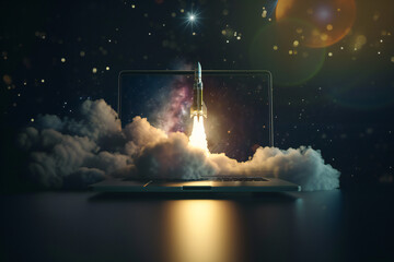Launching a space rocket from a laptop screen. The concept of solving fast tasks on a modern laptop. Launching a successful business - obrazy, fototapety, plakaty