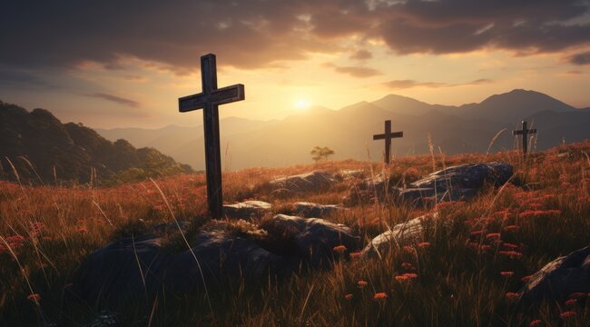 an image of crosses on a grassy field with sunset over hills