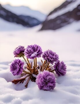 A group of purple flowers sitting on top of snow covered ground. This image can be used to depict the beauty of nature in winter Generative AI