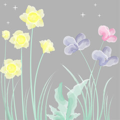 card with the image of spring flowers daffodils and irises