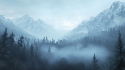 Misty mountain valley background - obrazy, fototapety, plakaty