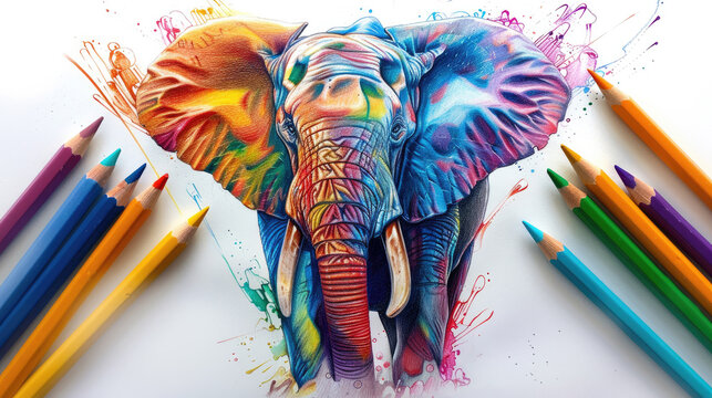Elephant Surrounded by Colored Pencils