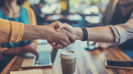 Diverse Professional Team in a Casual Work Environment, Handshake at Coffee Meeting, Engaging and Collaborative Discussion around Laptop and Smartphone, Business Introduction or Agreement Scene
