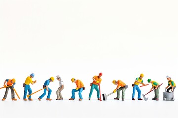 Construction workers concept, in the style of playful figures, panoramic scale, miniature sculptures, white background, playful use of line, matte photo, multi-colorful minimalism.