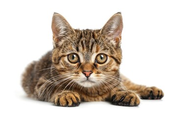 Obraz premium Cat Laying Down on Ground, Looking at Camera