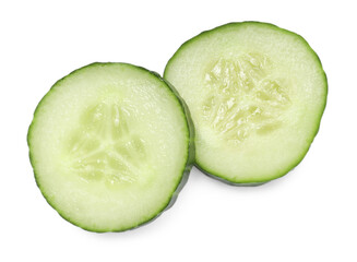 Slices of fresh cucumber isolated on white, above view