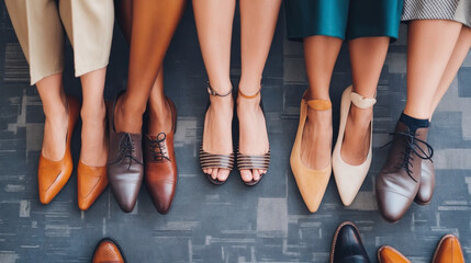 Dynamic Display of Diverse Individuals at a Job Interview, Focusing on Fashion Choices in Footwear and the Variety of Styles and Colors in Lower Half Outfits. Diversity and Inclusion in Business Setti