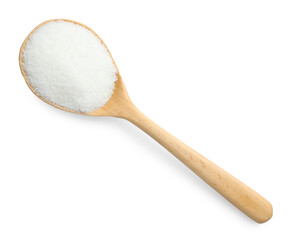 Spoon with sugar isolated on white, top view