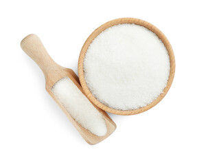 Granulated sugar in bowl and scoop isolated on white, top view