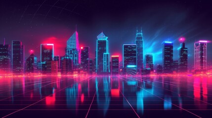 Fototapeta na wymiar Neon cityscape at night, futuristic urban skyline