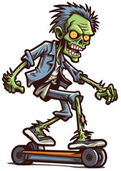 Zombie rides an electric scooter isolated cartoon style illustration with transparent background