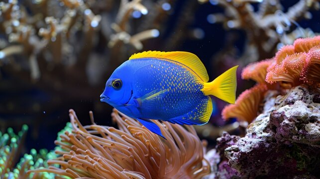 Vibrant damselfish swimming among colorful corals in a flourishing saltwater aquarium ecosystem