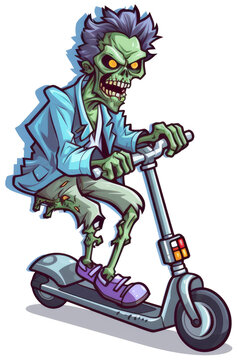 Zombie rides an electric scooter isolated cartoon style illustration with transparent background