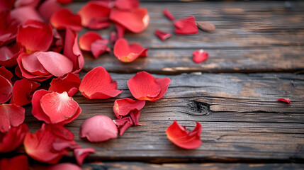 Red rose petals on wooden background for Valentine's day, creating a romantic ambiance. Generative AI

