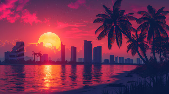 Synthwave style landscape with beach, palm trees, and neon lights, evoking a retro-futuristic ambiance, perfect for nostalgic vibes. Generative Ai

