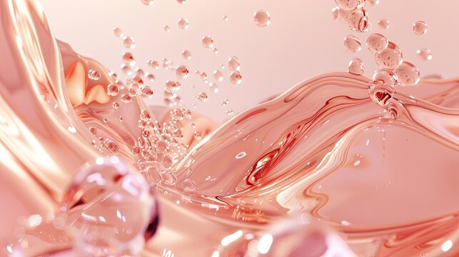water bubbles, droplets, liquid surface, red wine, in the style of light pink and light bronze, octane render, playful shapes, white and brown, sabattier effect, playful body manipulations, fragmented