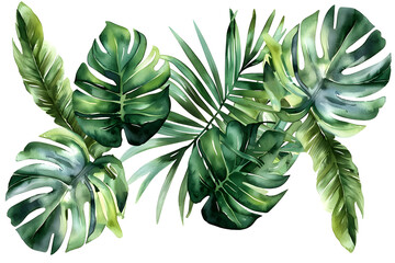 Watercolor  tropical leaves and jungle plants - obrazy, fototapety, plakaty