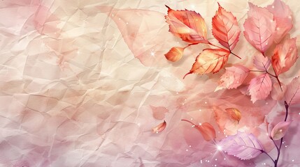 watercolor vibrant Autumn Leaves with a few sparkling for extra magic, pale muted colors, old wrinkled parchment paper