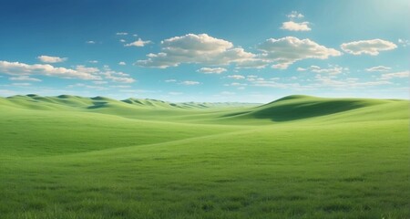 Obraz premium Craft a visually immersive composition of a vast green meadow extending as far as the eye can see, with ultra-realistic precision in illustrating the lush grass-Ai Generative