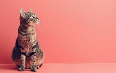 Obraz premium Cat Sitting on Pink Surface Looking Up