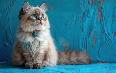 Blue-Eyed Cat Sitting on Blue Surface