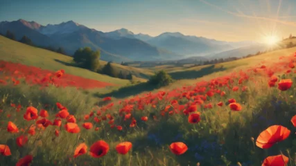 Gordijnen mountain landscape, blue sky, bright sun, field of poppies, illustration in vintage poster style © Muhammad
