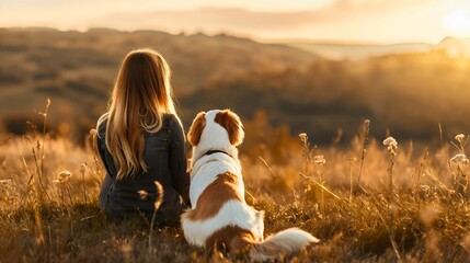 Rearview of a young woman with blonde hair sitting with her Brittany dog breed pet on the dry grass meadow at the golden hour sunset outdoors. Human's best friend, friendship, loyalty and trust - obrazy, fototapety, plakaty