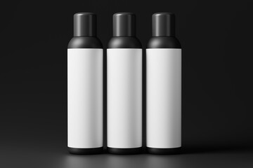 cosmetic bottle packaging mockup set featuring a tall, slim, black color plastic bottle with a screw cap.