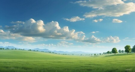 Fototapeta premium Craft a visually immersive composition of a vast green meadow extending as far as the eye can see, with ultra-realistic precision in illustrating the lush grass-Ai Generative