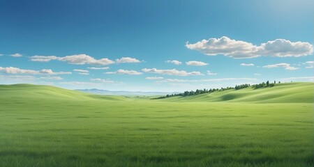 Fototapeta premium Craft a visually immersive composition of a vast green meadow extending as far as the eye can see, with ultra-realistic precision in illustrating the lush grass-Ai Generative