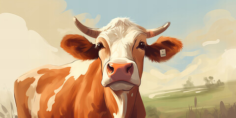 Idyllic Farm Banner: Whimsical Illustration of a Curious Cow in a Pastoral Landscape