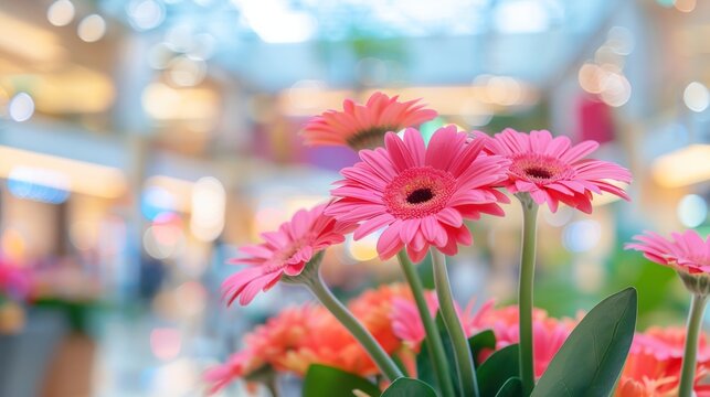 Close-up of Pink Gerbera Flowers in mall with blur background. generative AI image